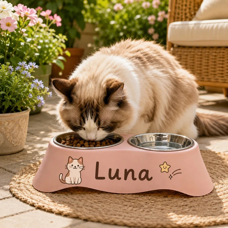 Custom Personalized Name Dual Pet Bowl Anti-Tip Spillproof Food Water Feeder Easy Clean Station for Small Dogs Cats