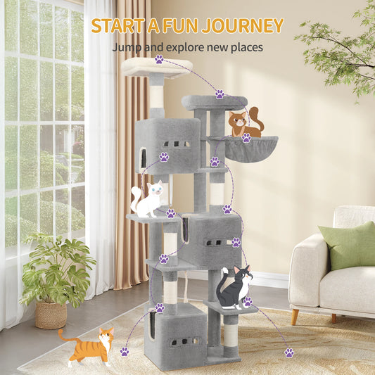 Arbre à Chat XXL 193 cm - 2 Plateformes, 3 Niches, 7 Griffoirs