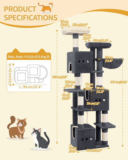 193 cm Cat Tree, Large Cat Tower for Indoor Cats, Cats House Furniture with 2 Platforms, 3 Condos, 7 Scratching Posts