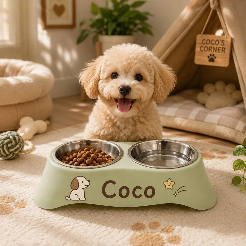 Custom Personalized Name Dual Pet Bowl Anti-Tip Spillproof Food Water Feeder Easy Clean Station for Small Dogs Cats