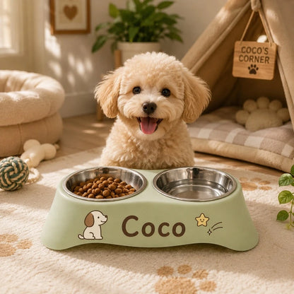 Custom Personalized Name Dual Pet Bowl Anti-Tip Spillproof Food Water Feeder Easy Clean Station for Small Dogs Cats
