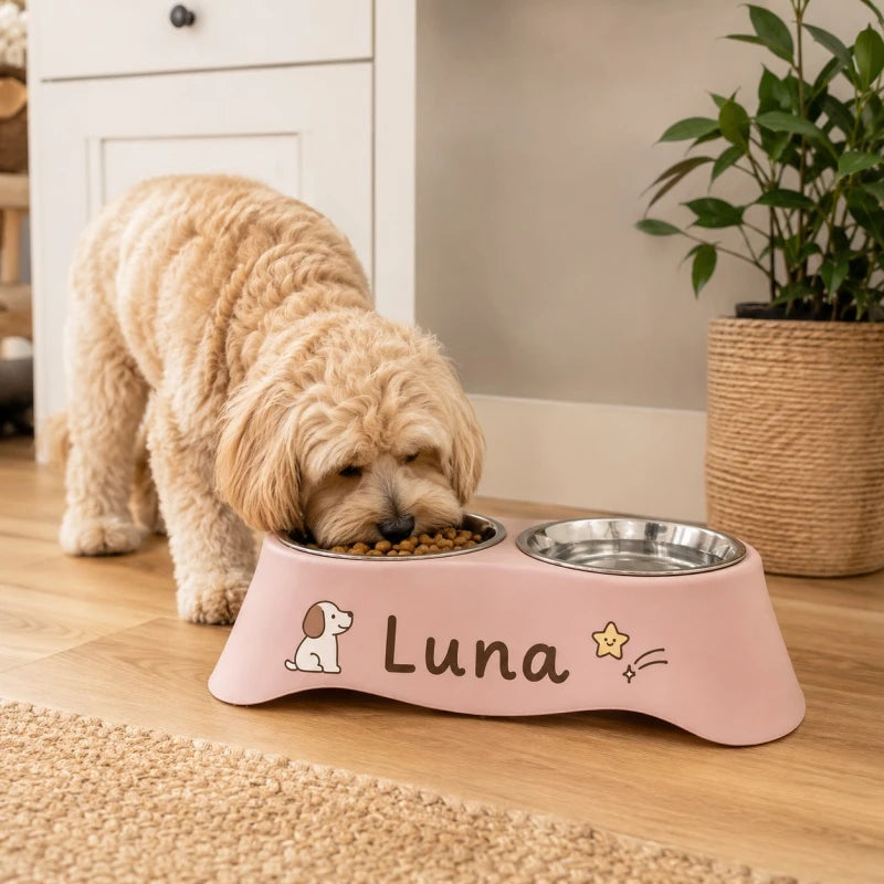 Custom Personalized Name Dual Pet Bowl Anti-Tip Spillproof Food Water Feeder Easy Clean Station for Small Dogs Cats