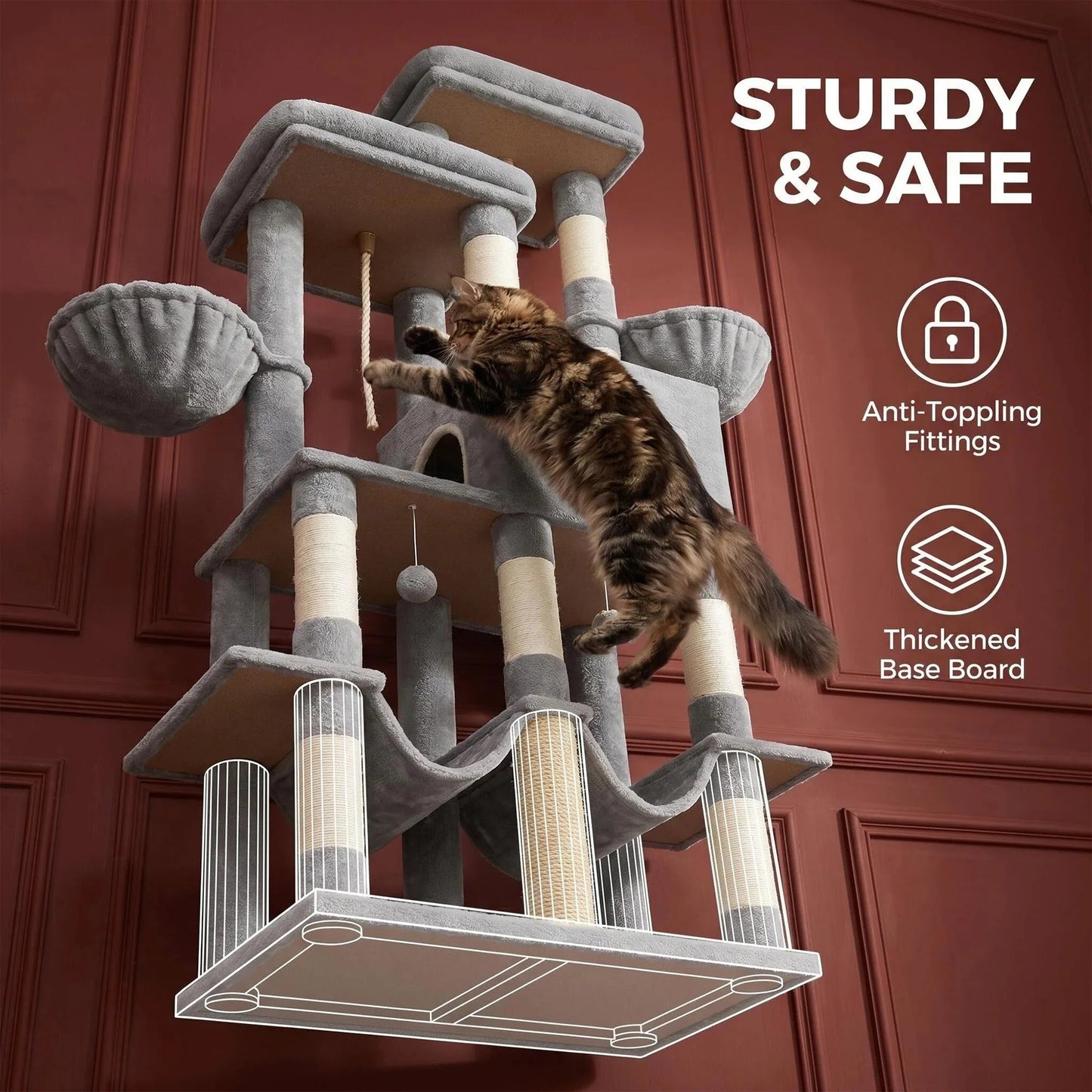 170 cm Large Cat Tree, Cat Tower for Maine Cat, Multi-Level Scratching Post with Large Perch, Washable Mat
