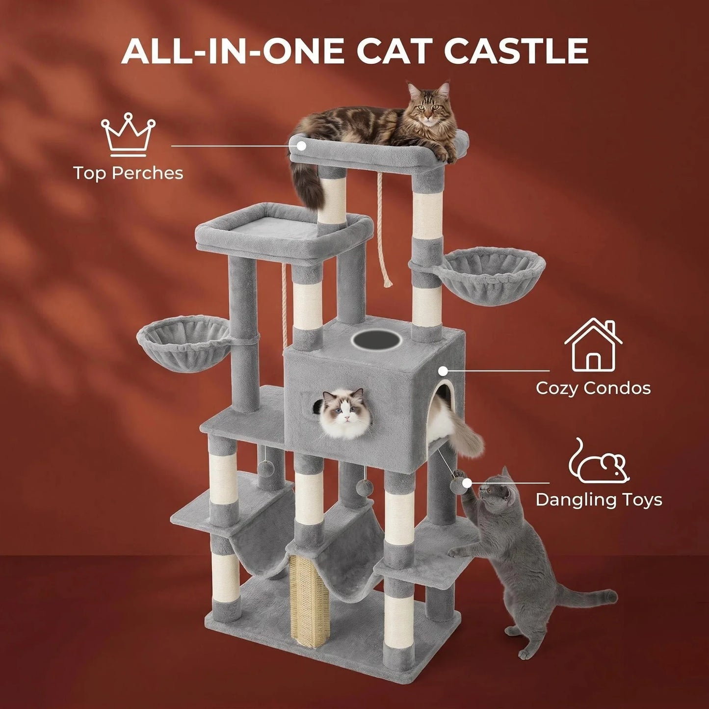 170 cm Large Cat Tree, Cat Tower for Maine Cat, Multi-Level Scratching Post with Large Perch, Washable Mat