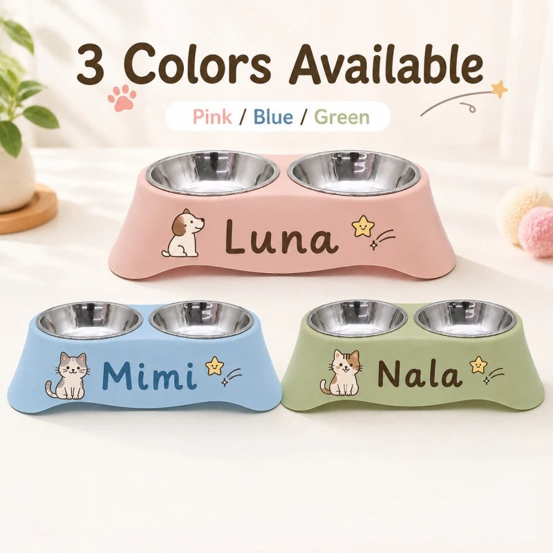 Custom Personalized Name Dual Pet Bowl Anti-Tip Spillproof Food Water Feeder Easy Clean Station for Small Dogs Cats