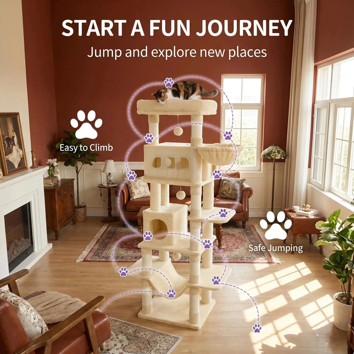 170 cm Large Cat Tree, Cat Tower for Maine Cat, Multi-Level Scratching Post with Large Perch, Washable Mat