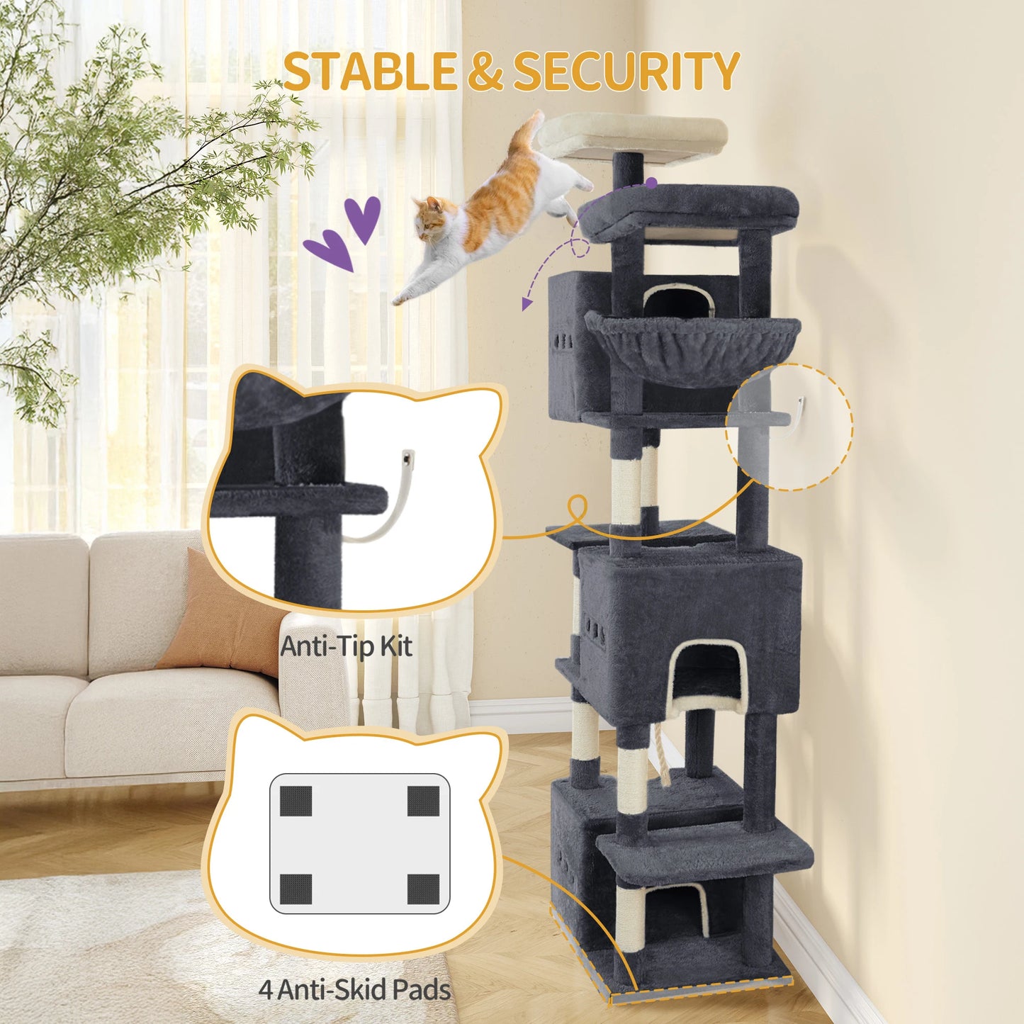 193 cm Cat Tree, Large Cat Tower for Indoor Cats, Cats House Furniture with 2 Platforms, 3 Condos, 7 Scratching Posts