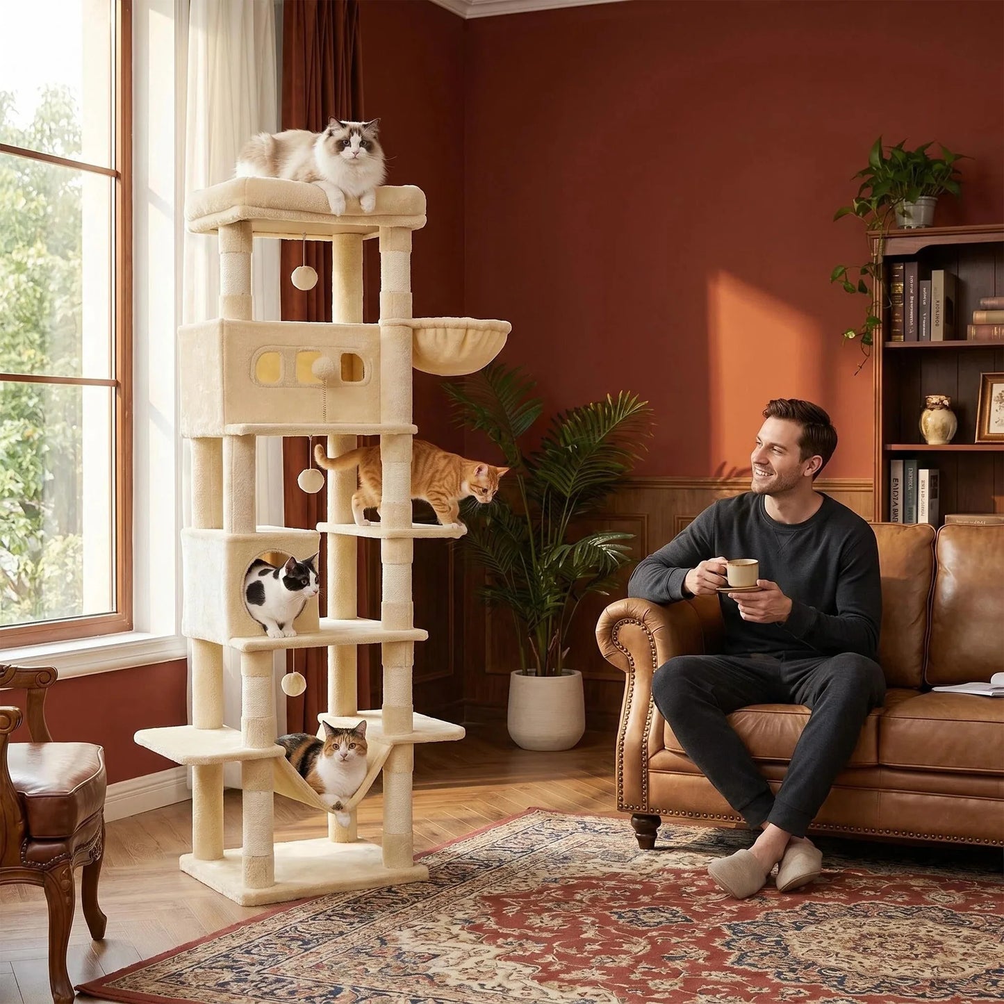 170 cm Large Cat Tree, Cat Tower for Maine Cat, Multi-Level Scratching Post with Large Perch, Washable Mat