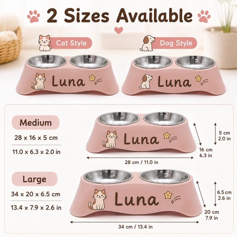 Custom Personalized Name Dual Pet Bowl Anti-Tip Spillproof Food Water Feeder Easy Clean Station for Small Dogs Cats