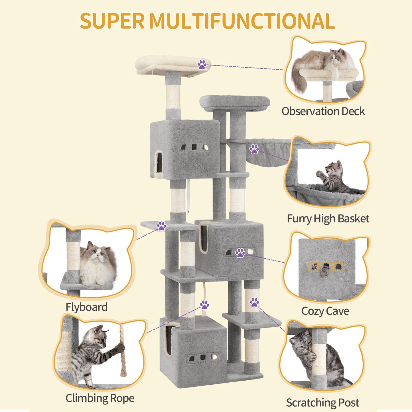 193 cm Cat Tree, Large Cat Tower for Indoor Cats, Cats House Furniture with 2 Platforms, 3 Condos, 7 Scratching Posts