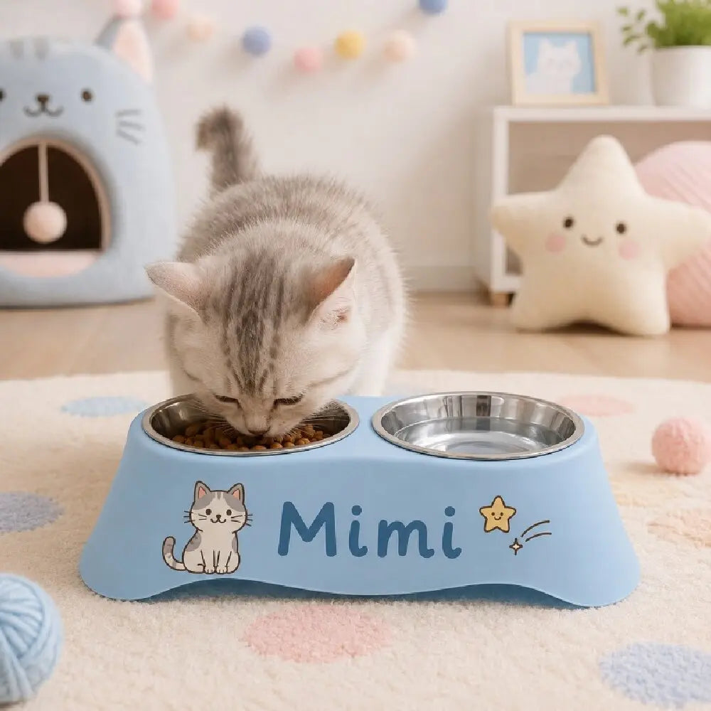 Custom Personalized Name Dual Pet Bowl Anti-Tip Spillproof Food Water Feeder Easy Clean Station for Small Dogs Cats