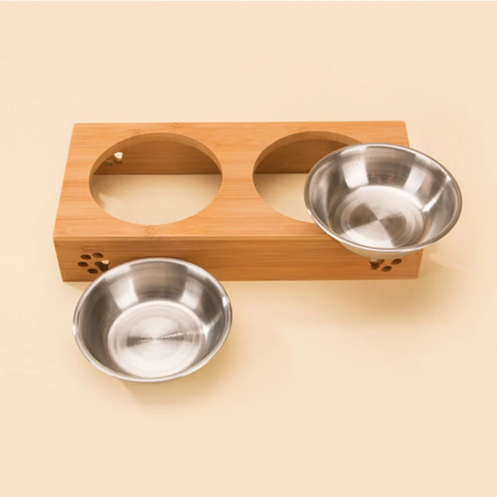 Customized Personalized Bamboo Wood Dining Table Pet Double Bowl Cat Dog Stainless Steel Food Bowl Anti Knockover Pet Supplies