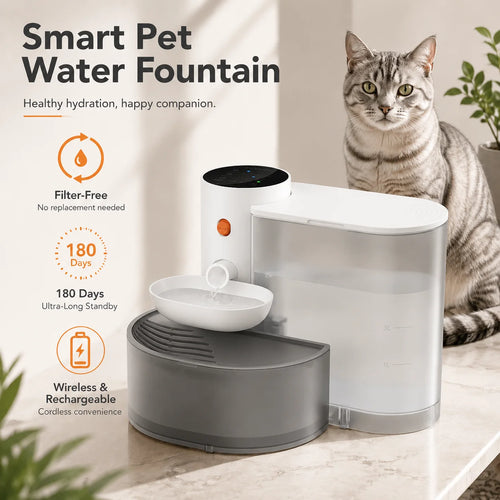 3L Smart Wireless Cat Water Fountain, No Replacement Filter, Clean & Dirty Water Separation, Automatic Pet Water Dispenser, Rechargeable Battery Operated,Ultra Long Battery Life