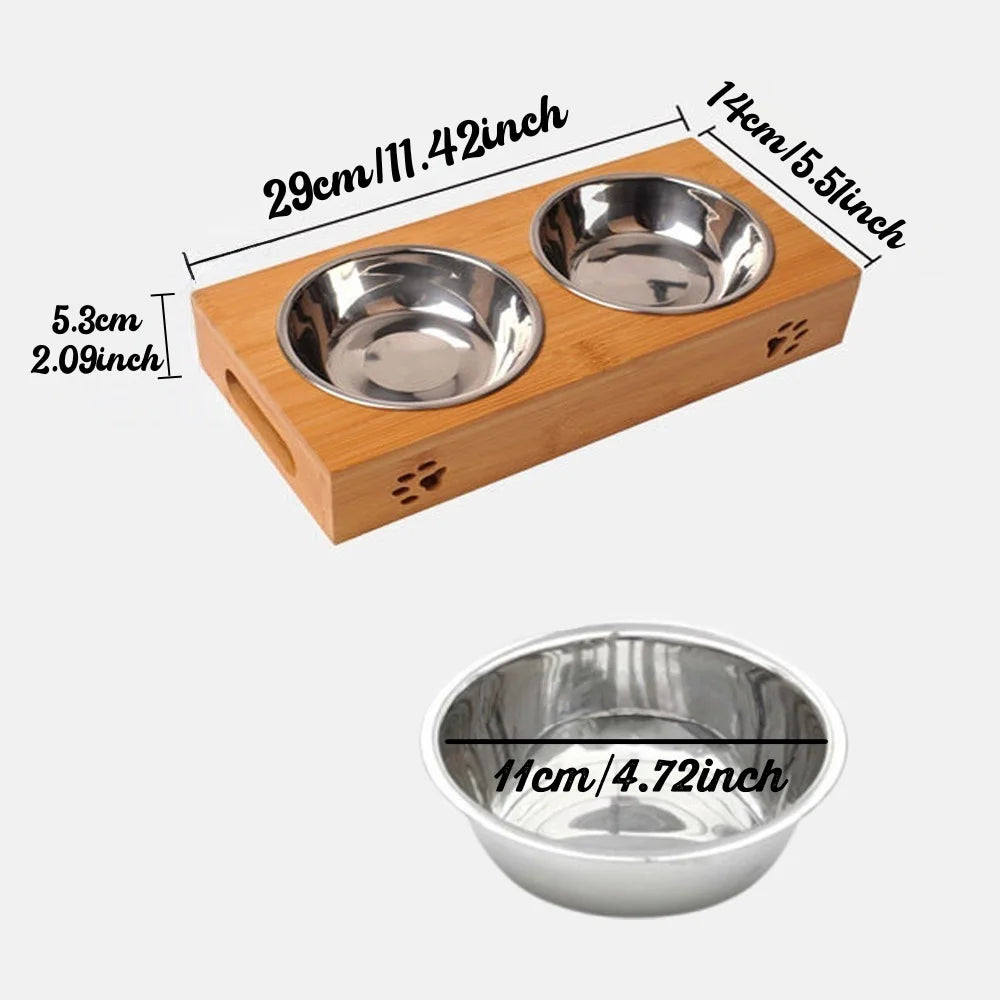Customized Personalized Bamboo Wood Dining Table Pet Double Bowl Cat Dog Stainless Steel Food Bowl Anti Knockover Pet Supplies