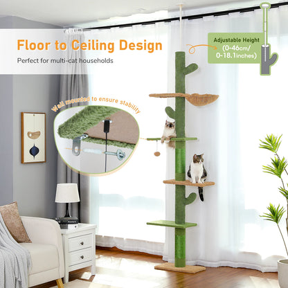 Cat Tree 5-Tier Floor to Ceiling Cat Tower Cactus Tall Climbing Tree with Scratching Post Hammock Dangling Ball for Indoor Cats