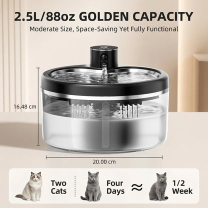 2.5L Wireless Stainless Steel Basin Cat Water Fountain, Rechargeable Battery Operated Pet Waterer with Motion Sensor & 2 Filters