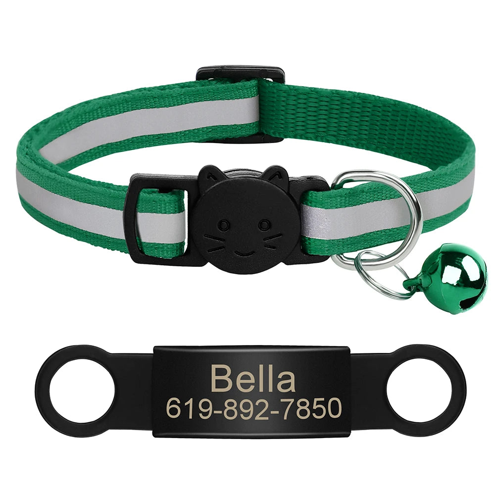 Customized Cat Collar Reflective Cat Collar Free Engraved Puppy Kitten Pet ID Nameplate Necklace With Bell Anti-lost For Cats
