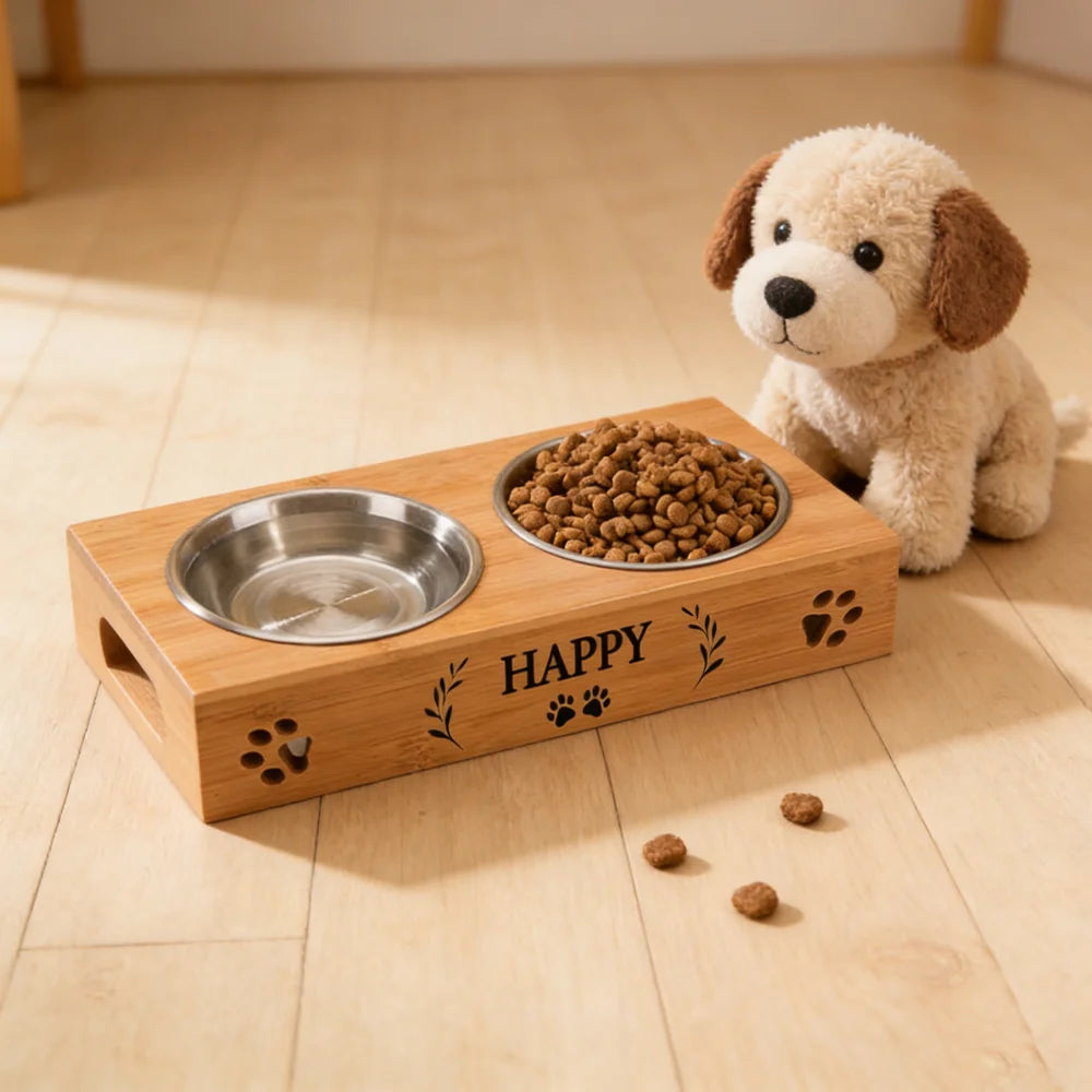 Customized Personalized Bamboo Wood Dining Table Pet Double Bowl Cat Dog Stainless Steel Food Bowl Anti Knockover Pet Supplies
