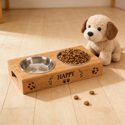Customized Personalized Bamboo Wood Dining Table Pet Double Bowl Cat Dog Stainless Steel Food Bowl Anti Knockover Pet Supplies