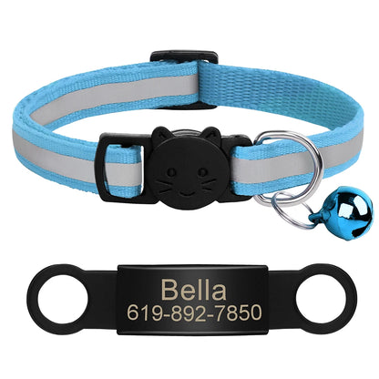 Customized Cat Collar Reflective Cat Collar Free Engraved Puppy Kitten Pet ID Nameplate Necklace With Bell Anti-lost For Cats