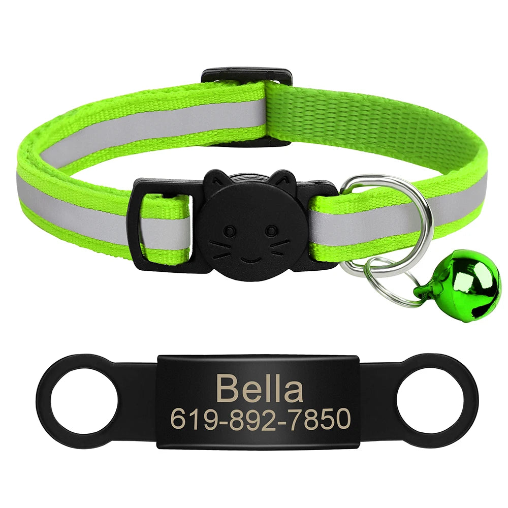 Customized Cat Collar Reflective Cat Collar Free Engraved Puppy Kitten Pet ID Nameplate Necklace With Bell Anti-lost For Cats