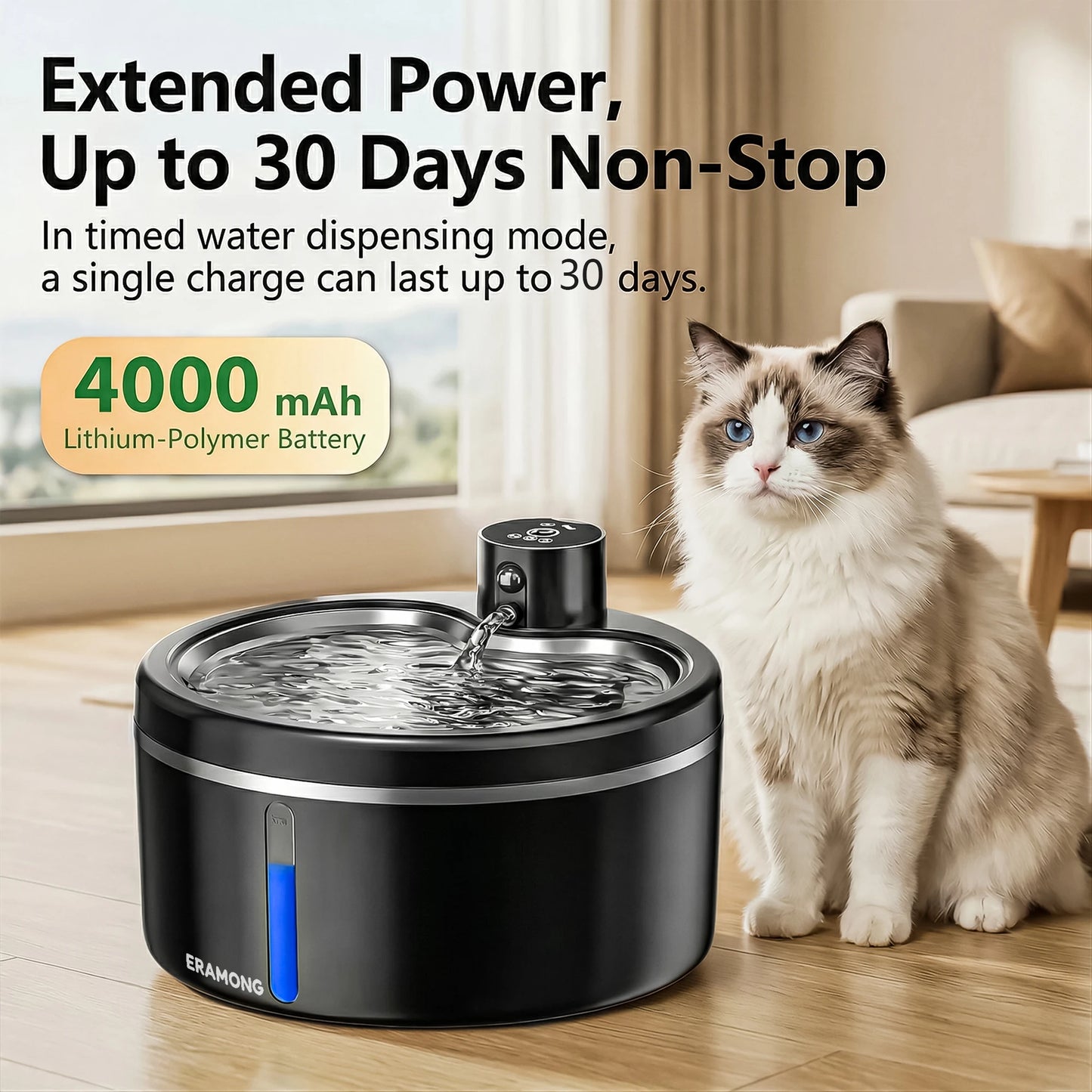 2.5L Wireless Stainless Steel Basin Cat Water Fountain, Rechargeable Battery Operated Pet Waterer with Motion Sensor & 2 Filters