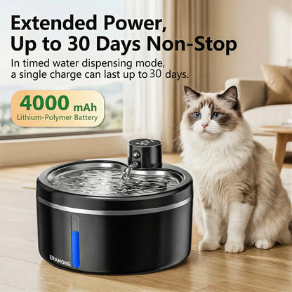 2.5L Wireless Stainless Steel Basin Cat Water Fountain, Rechargeable Battery Operated Pet Waterer with Motion Sensor & 2 Filters