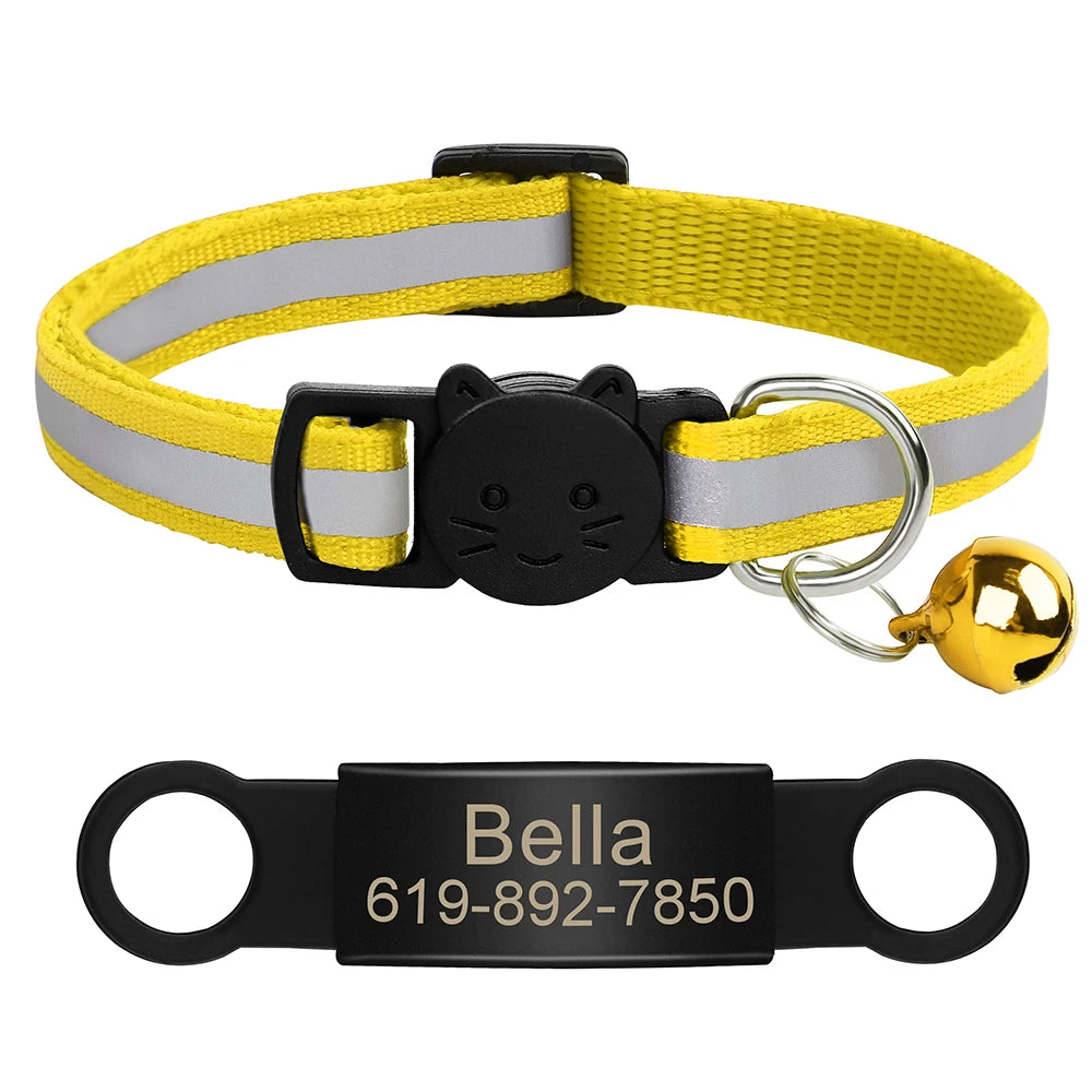 Customized Cat Collar Reflective Cat Collar Free Engraved Puppy Kitten Pet ID Nameplate Necklace With Bell Anti-lost For Cats
