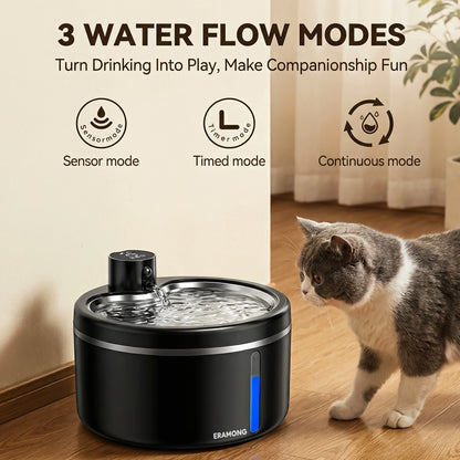 2.5L Wireless Stainless Steel Basin Cat Water Fountain, Rechargeable Battery Operated Pet Waterer with Motion Sensor & 2 Filters