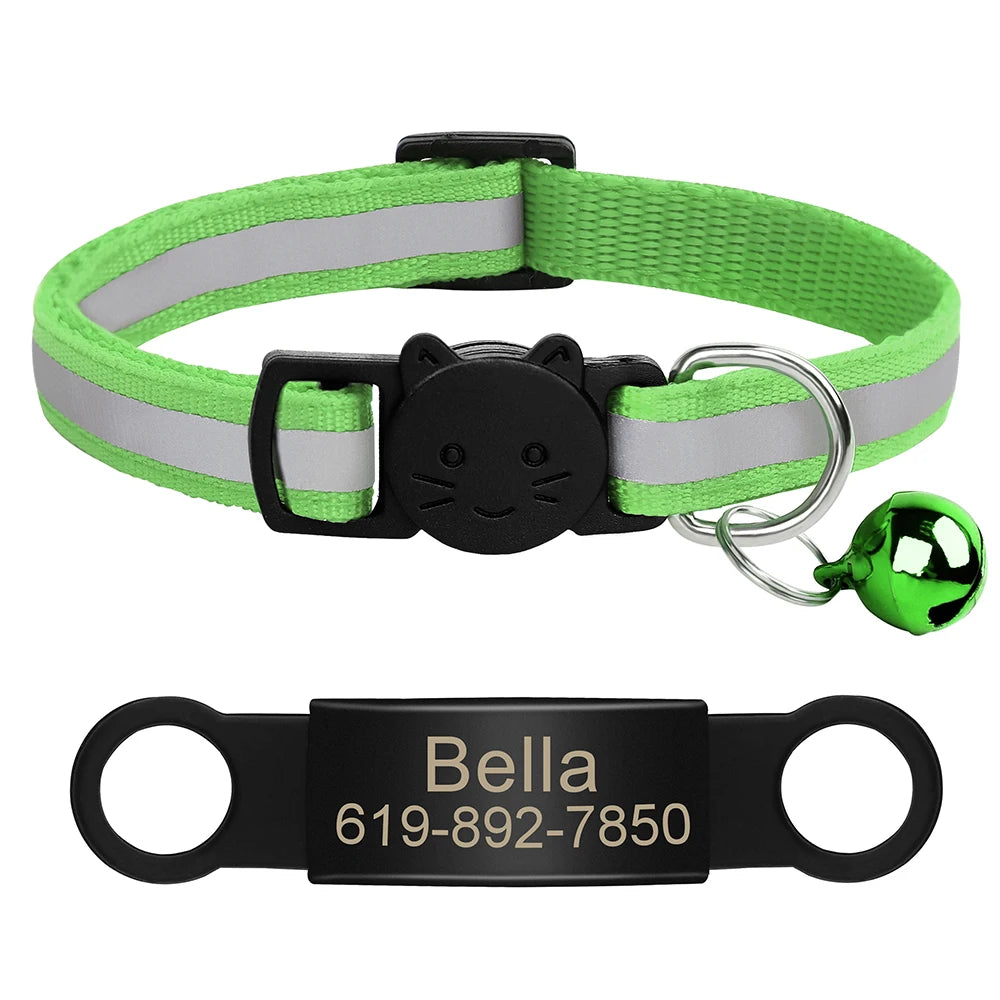 Customized Cat Collar Reflective Cat Collar Free Engraved Puppy Kitten Pet ID Nameplate Necklace With Bell Anti-lost For Cats