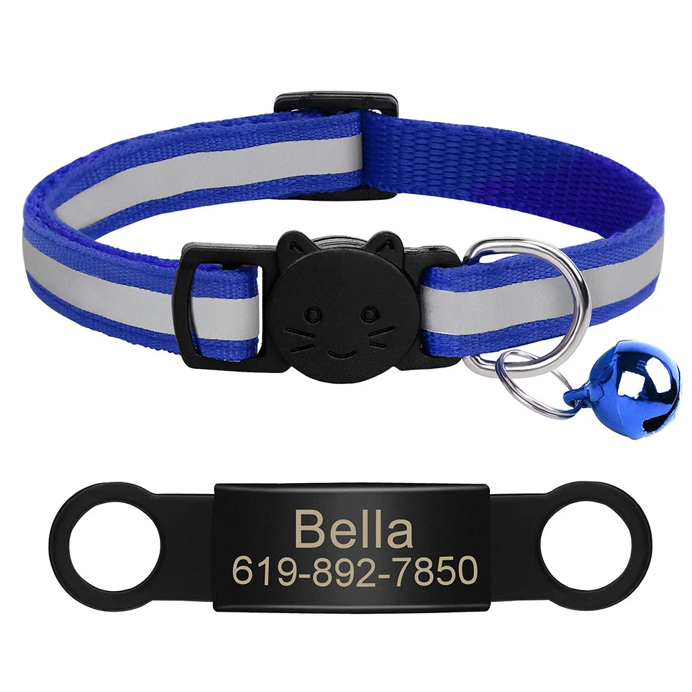 Customized Cat Collar Reflective Cat Collar Free Engraved Puppy Kitten Pet ID Nameplate Necklace With Bell Anti-lost For Cats