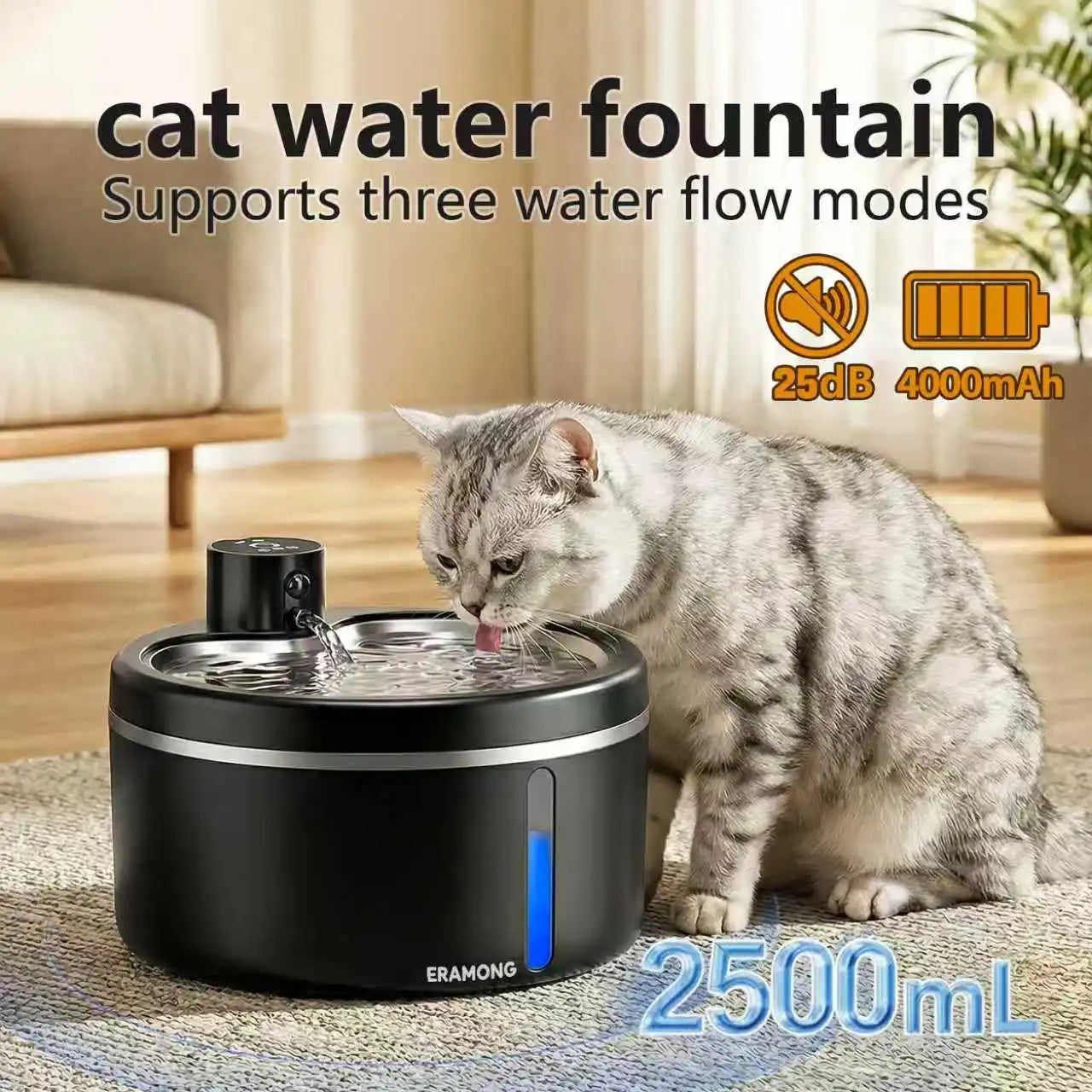 2.5L Wireless Stainless Steel Basin Cat Water Fountain, Rechargeable Battery Operated Pet Waterer with Motion Sensor & 2 Filters